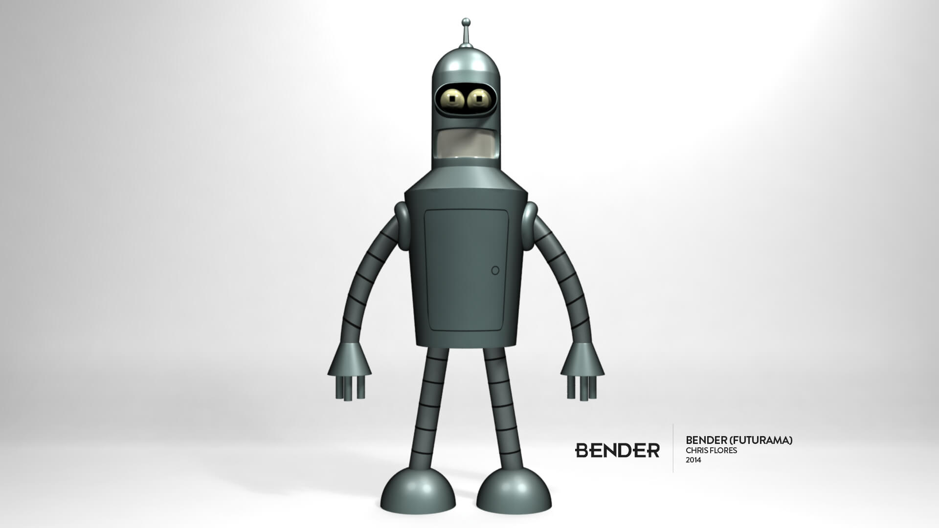 A 3D Model of Futurama's Bender robot standing up and directly looking at the camera in a white studio backdrop