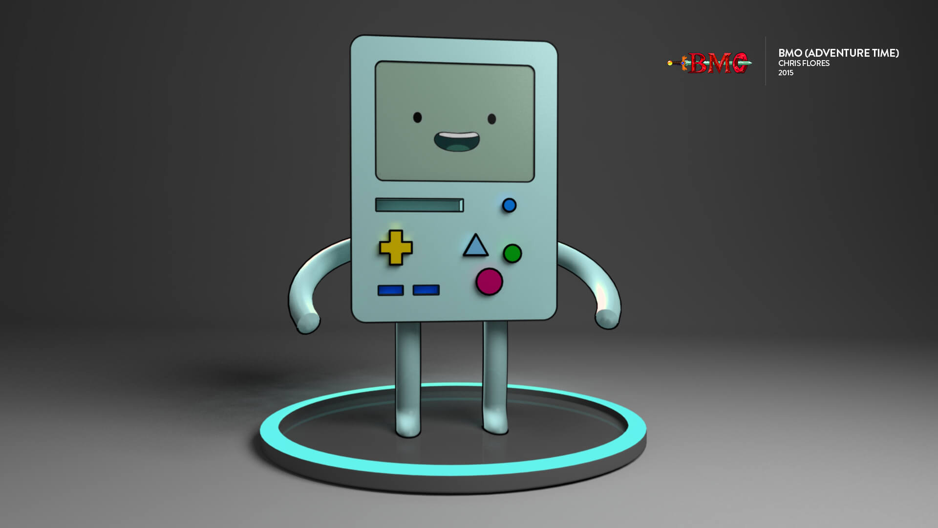 A 3D Model of Adventure Time's BMO standing up and smiling in front of the camera while in a grey studio backdrop setting