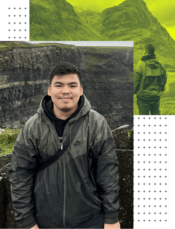 Two photos right in front of each other; the picture in the back is composed of a man looking at two mountains beside each other in Glencoe, Scotland; the picture in comprised of a man smiling right in front of a camera and behind him are the rocky Cliffs of Moher in Ireland.