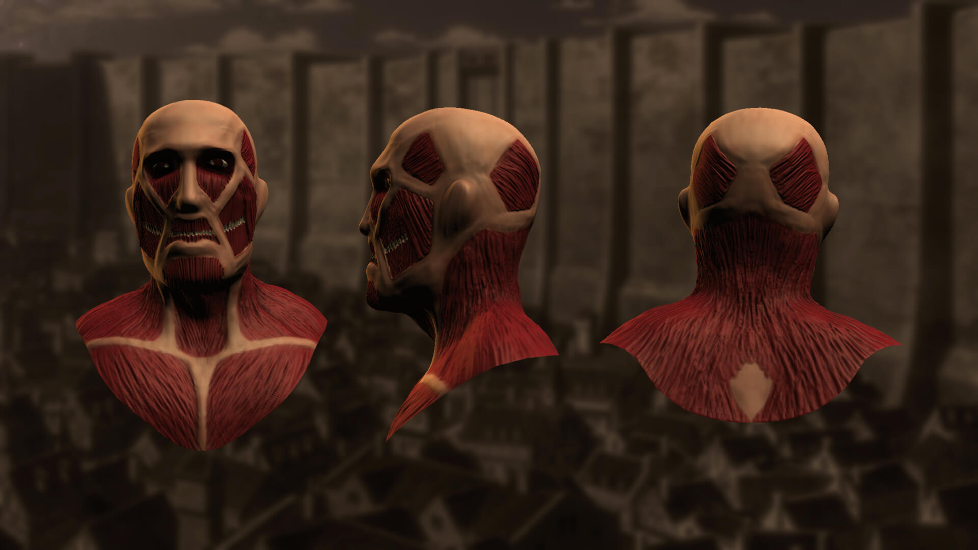 Multiple angles of my 3D sculpt of Attack on Titan's Colossal Titan monster. From left-to-right, a front view, a side view, and a rear view of the 3D bust.